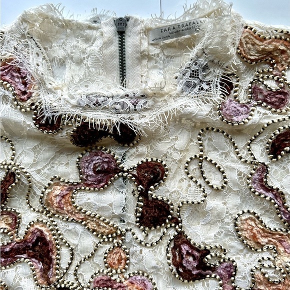 Zara Ecru Multicolored Lace Top Small embroidered - Picture 6 of 13